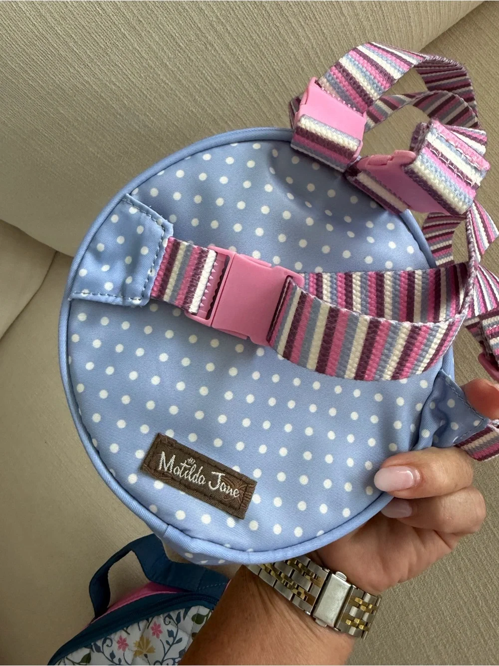 Matilda Jane Light Blue Polka Dot Round Bag with Pink Ruffle